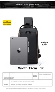 Detailed size chart of the multifunction chest bag showing 32cm height and 9.7 inch iPad capacity
