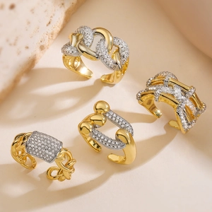 Light Luxury Copper Two-Tone Zirconia Geometric Open Ring For Women Adjustable Fashion Jewelry Micro-Inlaid Chain Ring
