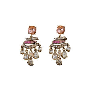 Vintage bronze square earrings with orange stones and teardrop crystal tassels