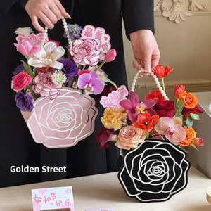 Rose shaped gift bag with pearl handle and vibrant flower bouquet for festivals