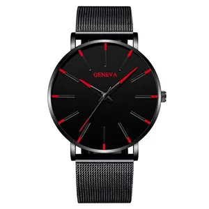Detail of ultra-thin black mesh band quartz watch with striking red hands and markers