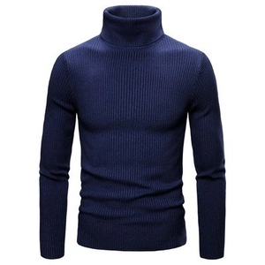 Detailed view of navy blue ribbed knit texture on a slim fit men turtleneck sweater