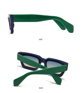 Detailed side and back views of trendy irregular polygonal sunglasses in blue and green