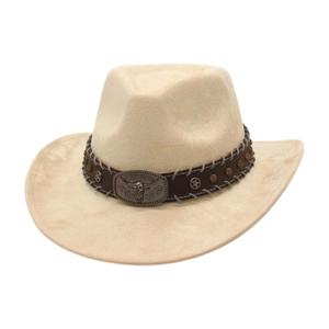 Ethnic Western beige suede cowboy hat with bull head buckle and star rivets decoration