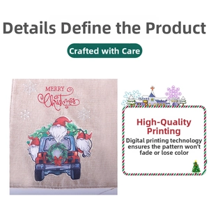 Detailed macro view of linen Christmas placemat featuring digital gnome jeep printing