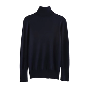 Slim fit navy blue turtleneck sweater with ribbed cuffs and fine knit texture