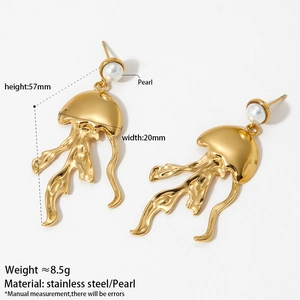 Chic jellyfish gold stainless steel earrings with white pearls in a Y2K artistic style