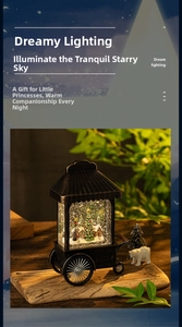 Macro view of vintage Christmas snow globe lantern with miniature snowy cabin and warm LED light