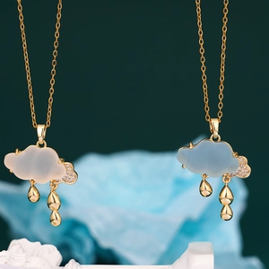 Fashion cloud pendant necklace with cubic zirconia rain drops in gold finish for women