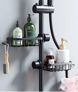 Detail of matte black faucet rack installed on a shower rod with hanging hooks for soap bottles
