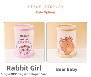 Detailansicht von Cartoon-Stifthaltern in den Stilen Hasenmädchen und Babybär-Design