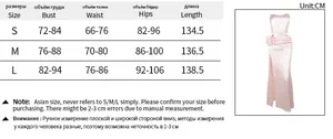 Size chart for pink satin backless split dress showing measurements in centimeters