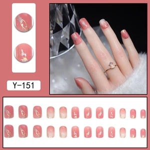 Pink press-on nails with gold lines, silver glitter, and gradient finish set Y-151