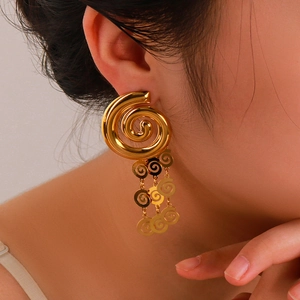 Vintage gold stainless steel spiral tassel earrings with heart and starfish charms for women