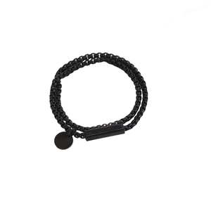 Multi-layer black stainless steel box chain bracelet with rectangular plate and round charm