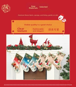 Close-up of 6 plush Christmas stockings featuring Santa, snowman, and reindeer patterns