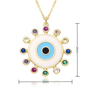Detailed view of evil eye pendant showing 29mm diameter and colorful zircon inlay