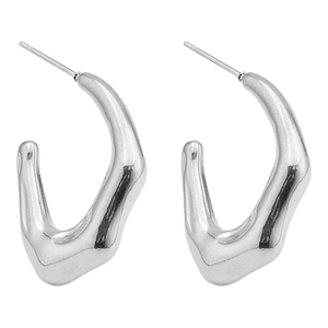 Detail of silver U-shape twisted 304 stainless steel earrings with polished surface