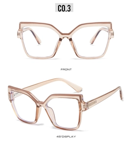 Front and side view of cat-eye frames in transparent brown-pink for women