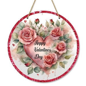 Panneau de bienvenue rond en bois pour la Saint-Valentin avec roses et coeur rouge