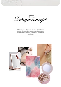 Boîte à bijoux ronde rose en cuir avec miroir intégré et fentes pour boucles