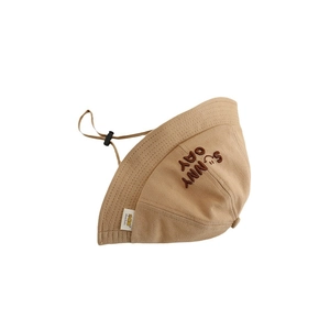 Kids khaki cotton sun bucket hat with Sunny Day smile embroidery and adjustable wind rope