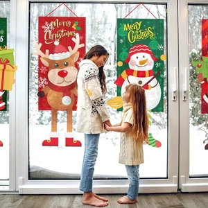 Festive Merry Christmas hanging banners with reindeer and snowman designs for door decor