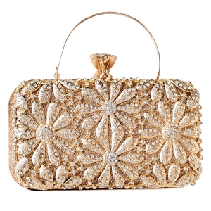 Elegant gold evening clutch bag with crystal floral pattern and crown clasp for weddings