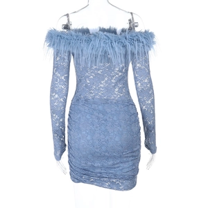 Close-up of blue lace mini dress featuring faux feather trim on the off-shoulder neckline