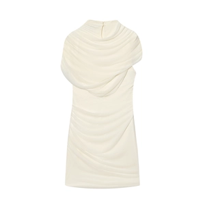 Sleeveless Mini Dress Mesh Patchwork High Neck Ruched Side Slim Fit Elegant Party Clubwear For Women