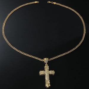 Gold iced out cross pendant necklace with cuban link chain for men and women