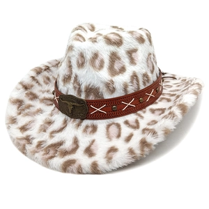 Detail of leopard print faux fur cowboy hat with leather band and metal bull skull charm