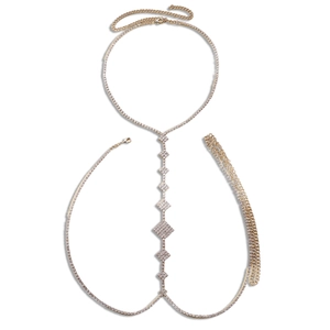 Chic gold body chain with geometric diamond pendants and rhinestones on white background