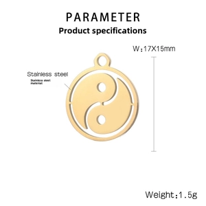 Macro detail of gold stainless steel Tai Chi Yin Yang pendant with size dimensions
