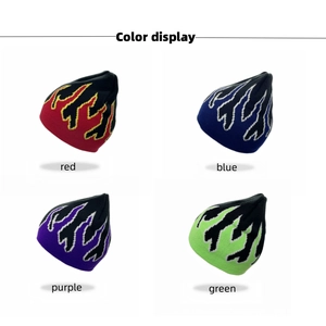 Detail showcasing flame pattern knit beanies in red, blue, purple, and green colors