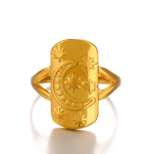 Vintage stainless steel gold ring with rectangular star and moon embossed design