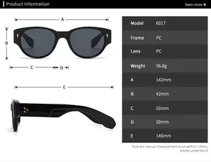 Detailed size chart of round sunglasses model 6017 with frame and lens dimensions