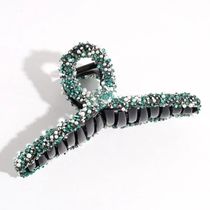 Large rhinestone pearl hair claw clip, sparkling green crystal shark clip for thick hair styling.