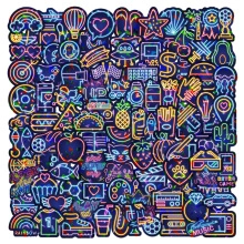 Close-up of assorted waterproof neon vinyl stickers for laptop with vibrant themes