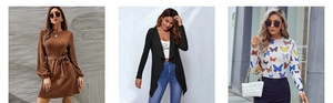 Tre scatti lifestyle di un abito marrone, cardigan nero e top con stampa a farfalla moda