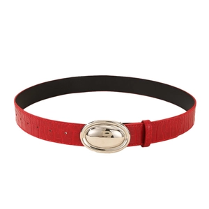Women's red crocodile pattern leather belt with a silver oval smooth metal buckle