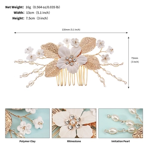 Detailed size and material guide for bridal hair comb with white clay flowers and pearls