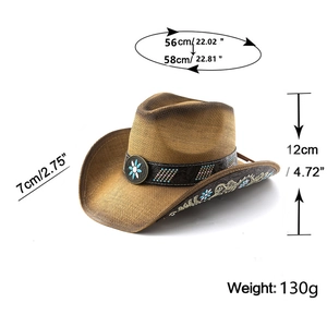 Detailed dimensions of brown western cowboy hat with gemstone band and blue floral embroidery