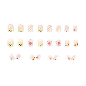 Cute strawberry bear plaid press-on nails set with 24 pieces of cartoon nail art tips