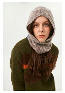 Detail shot of grey knitted balaclava showing high-quality yarn texture and color speckles
