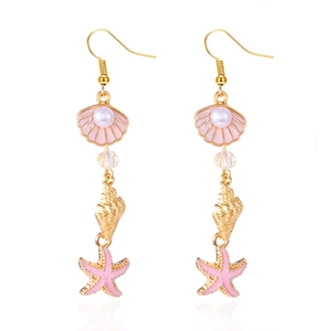 Summer ocean starfish conch shell tassel drop earrings with pink pearl accents