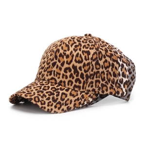 Close-up of leopard print baseball cap featuring textured fabric and six-panel design