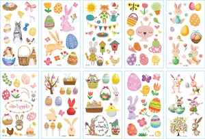 Detailed grid showing 10 sheets of colorful cartoon Easter bunny and egg tattoo stickers