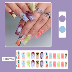 3D curve heart press-on nails set with abstract colorful patterns and metal beads