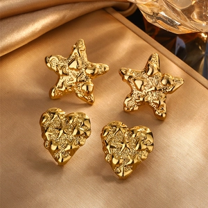 French Retro Starfish Heart Stud Earrings Gold Plated 304 Stainless Steel Lava Texture Vintage Jewelry For Women